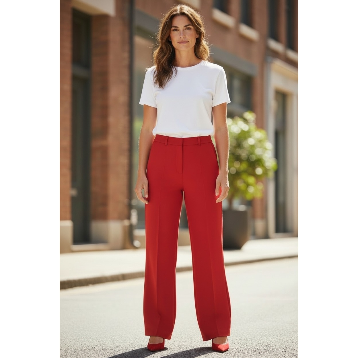 Anne Klein Wide Leg Trousers Womens 8 Red Stretch Creased Front Office Career